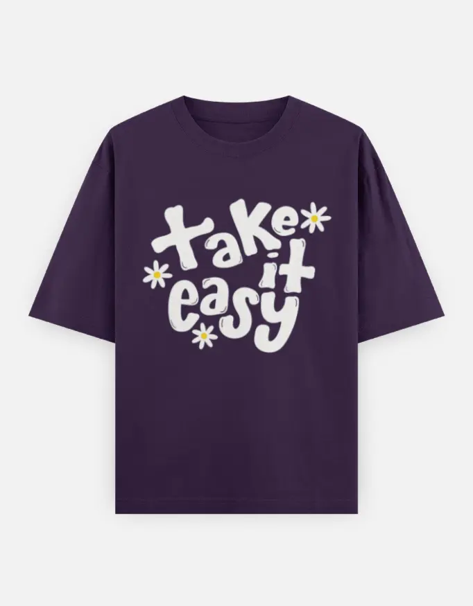 "Take It Easy" Graphic Unisex Oversized T-shirt (Purple, XS)