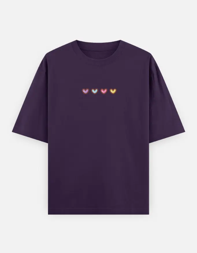 Rainbow Hearts Ribbed Unisex Oversized T-shirt (Purple, XS)
