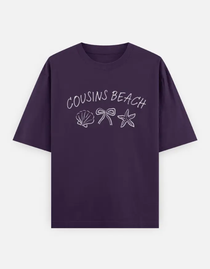 "COUSINS BEACH" Graphic Unisex Oversized T-shirt (Purple, XS)