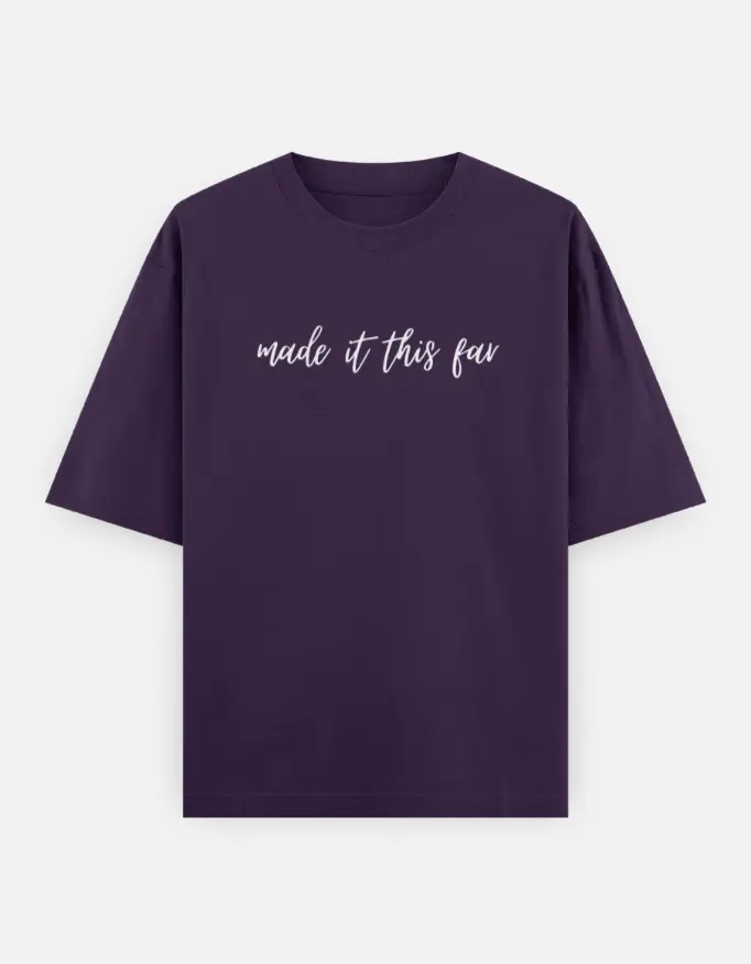 "Made It This Far" Graphic Unisex Oversized T-shirt (Purple, XS)