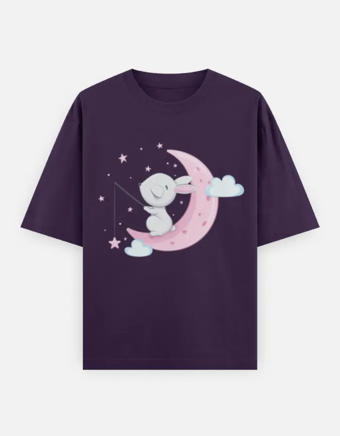 Moonlight Bunny Fishing Graphic Unisex Oversized T-shirt