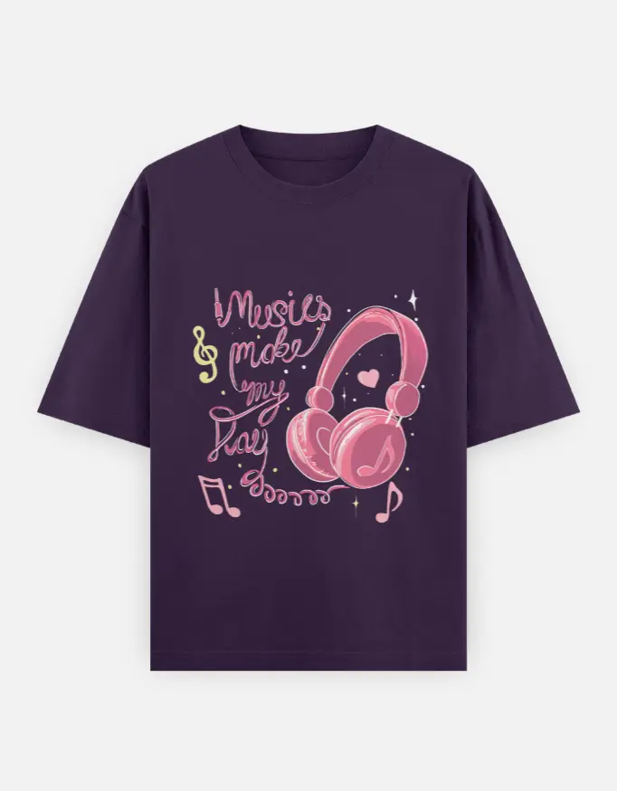 "Music make my day" Unisex Oversized T-shirt (Purple, XS)