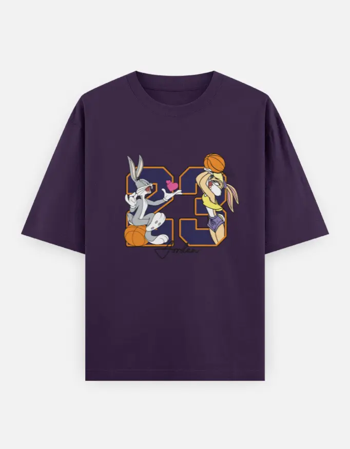 Retro Cartoon Couple "23" Graphic Unisex Oversized T-shirt (Purple, XS)