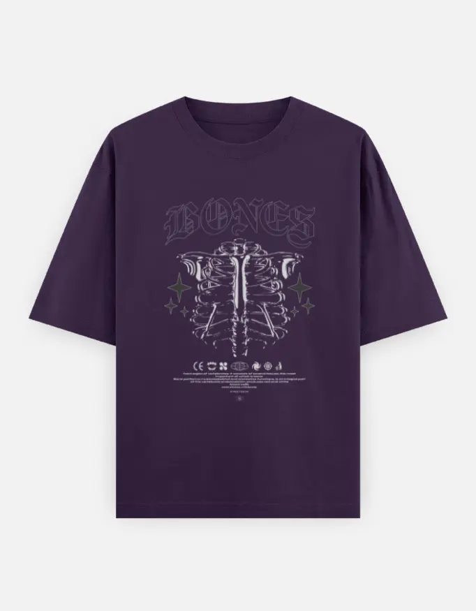 BONES Occult Graphic Unisex Oversized T-shirt (Purple, XS)