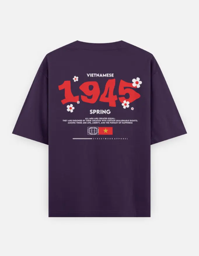 Vietnamese 1945 Retro Graphic Unisex Oversized T-shirt (Purple, XS)