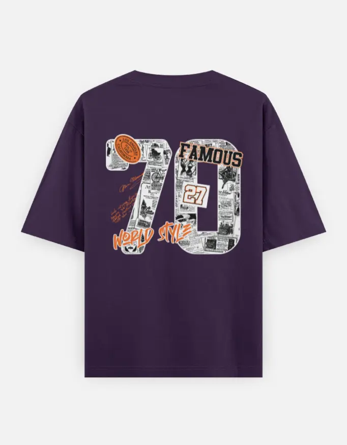 "70 Famous" Sport Graphic (Backside) Unisex Oversized T-shirt (Purple, XS)