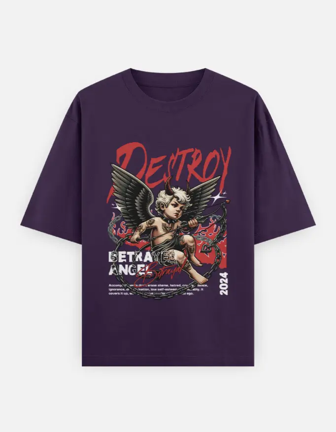 Betrayed Angel Graphic Unisex Oversized T-shirt (Purple, XS)