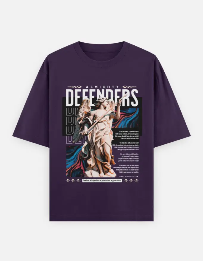 "ALMIGHTY DEFENDERS" Graphic Unisex Oversized T-shirt (Purple, XS)