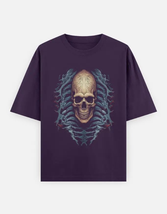 Gothic Skull Rib Cage Graphic Unisex Oversized T-shirt (Purple, XS)