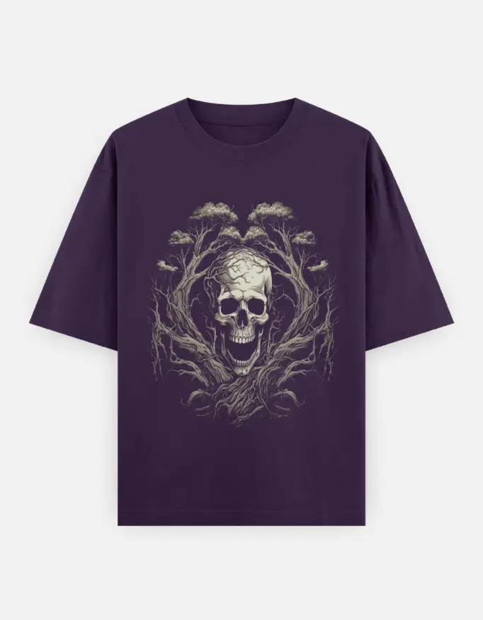 Gothic Skull Motif Unisex Oversized T-shirt (Purple, XS)