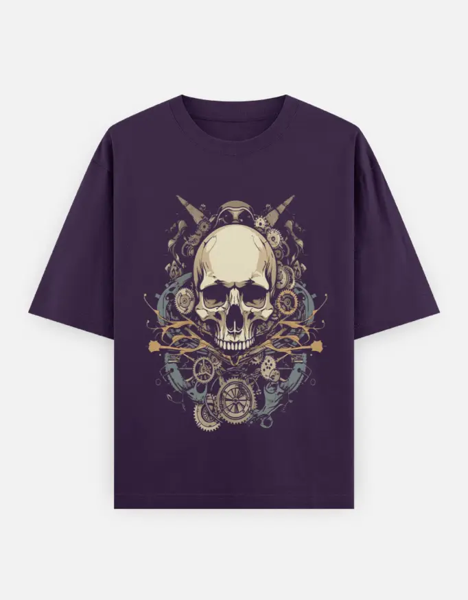 Metallic Warrior Skull Graphic Unisex Oversized T-shirt (Purple, XS)