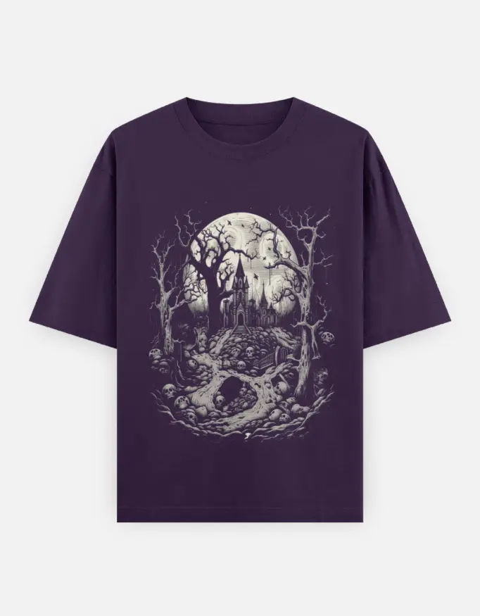 Moonlit Crypt Unisex Oversized T-shirt (Purple, XS)