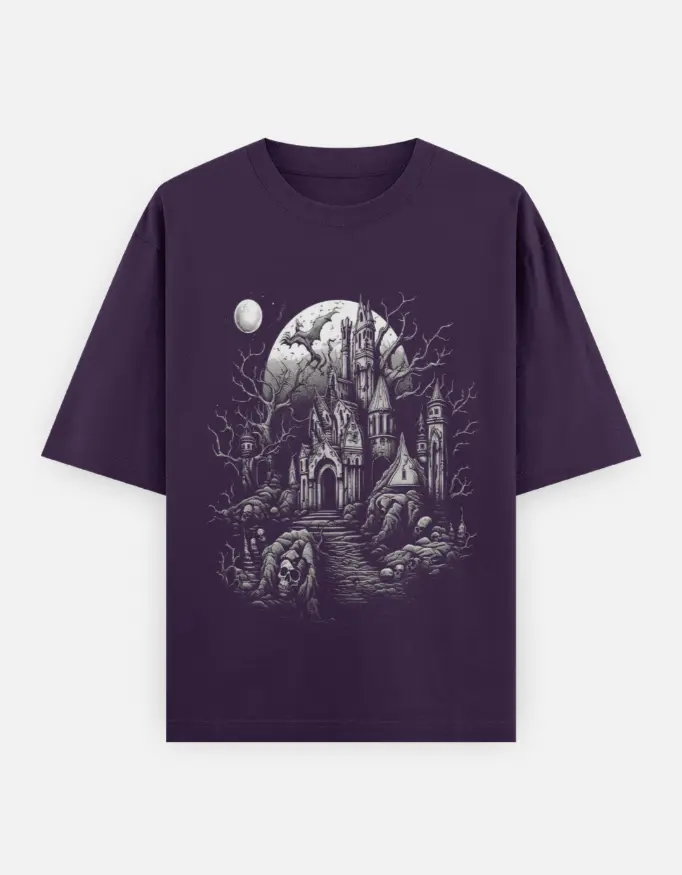Gothic Moonlit Manor Castle Unisex Oversized T-shirt (Purple, XS)