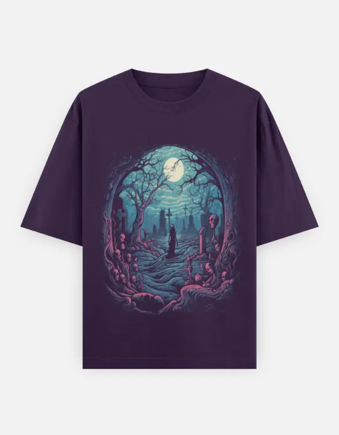 Midnight Procession Graphic Unisex Oversized T-shirt (Purple, XS)