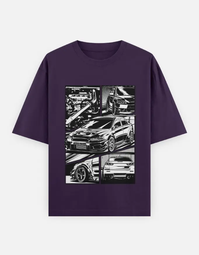 Lancer Evo Manga Panel Graphic Unisex Oversized T-shirt (Purple, XS)