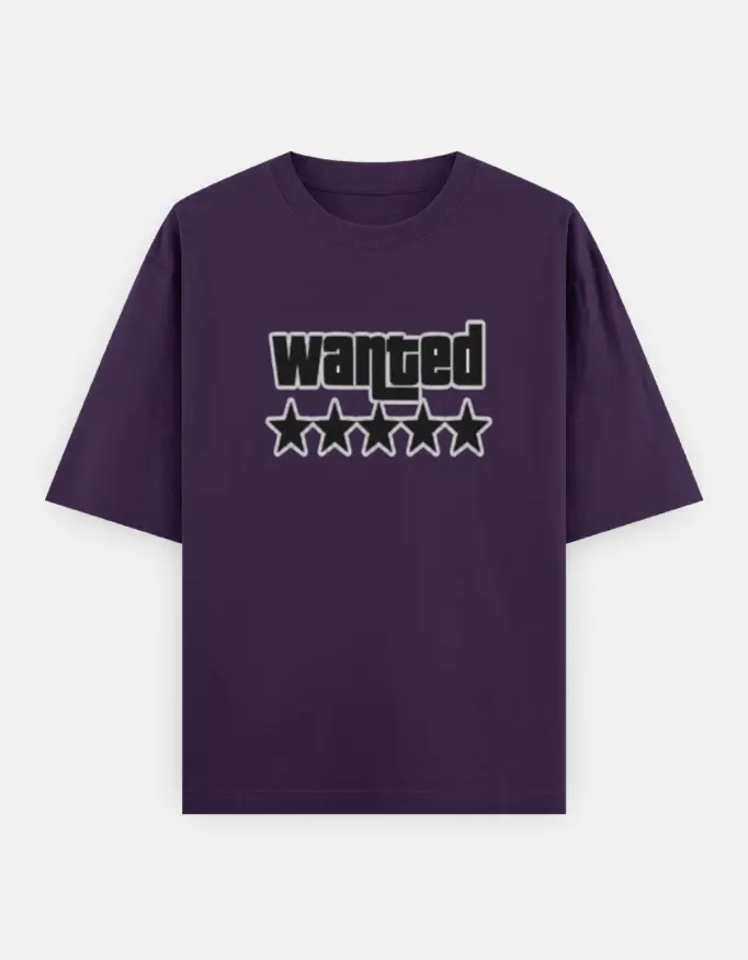 "WANTED" Graphic Unisex Oversized T-shirt (Purple, XS)