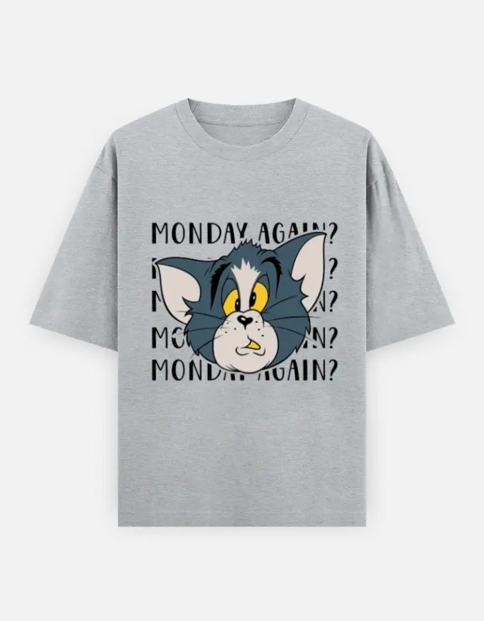 Tom's "Monday Again" Graphic Unisex Oversized T-shirt (Grey, XS)