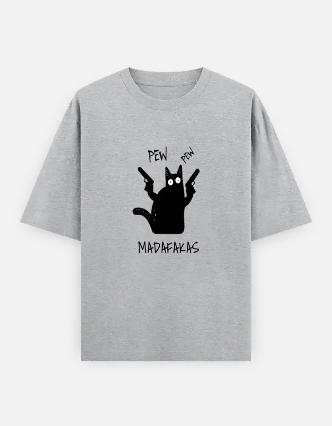 "Gangsta Cat" Graphic Unisex Oversized T-shirt (Grey, XS)