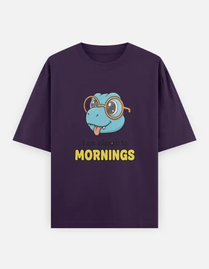 "Allergic To Mornings" Graphic Unisex Oversized T-shirt (Purple, XS)