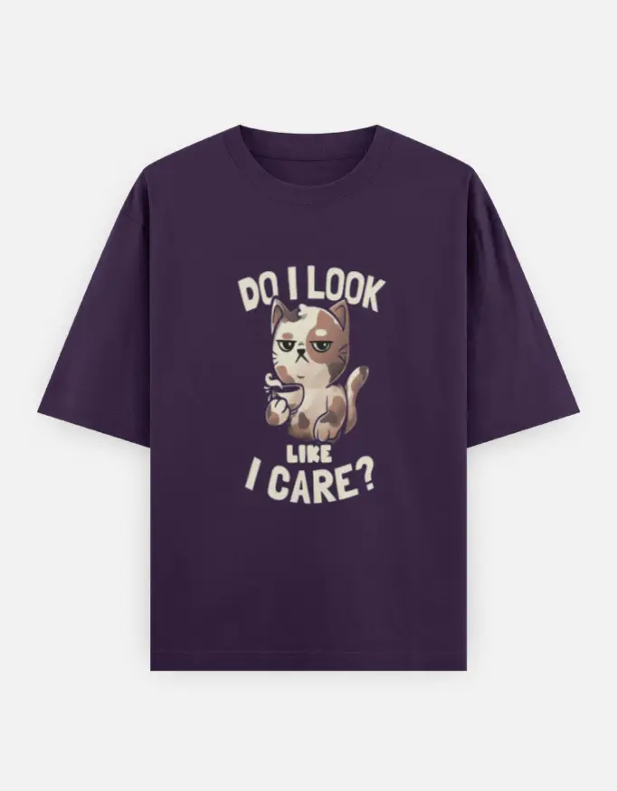 "Do I Look Like I Care?" Grumpy Cat Graphic Unisex Oversized T-shirt (Purple, XS)