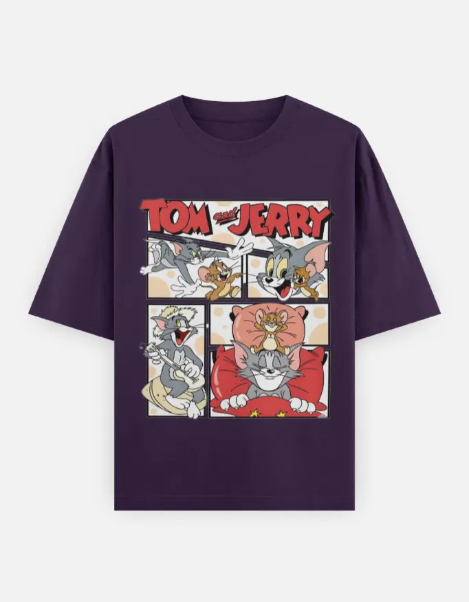 Tom And Jerry Comic Box Graphic Unisex Oversized T-shirt (Purple, XS)