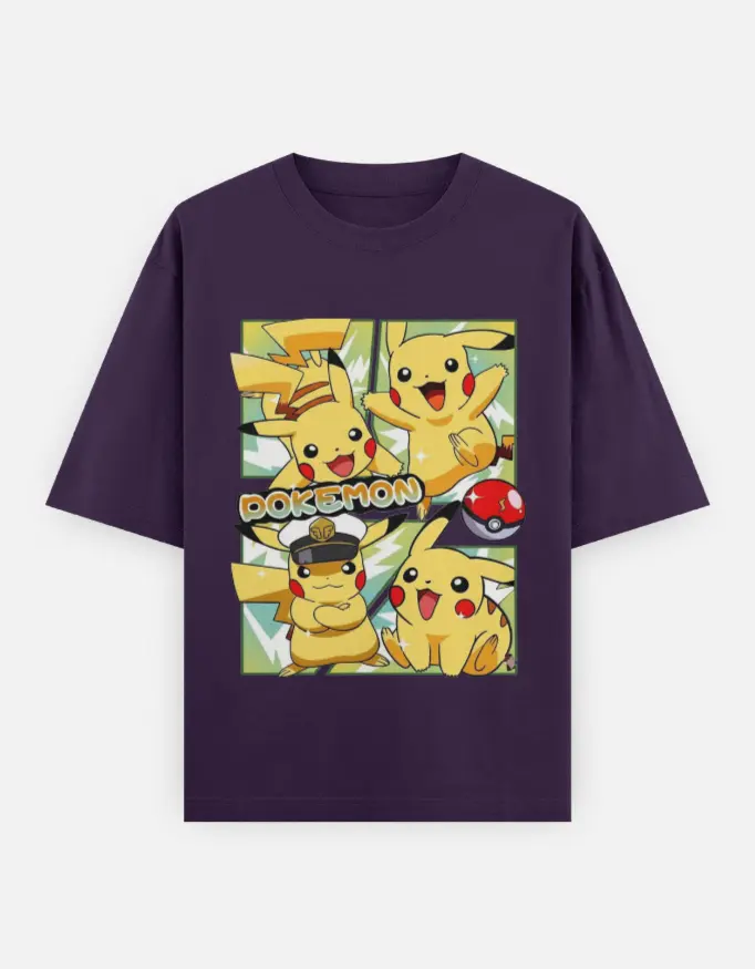 Pokemon Pikachu Graphic Unisex Oversized T-shirt (Purple, XS)
