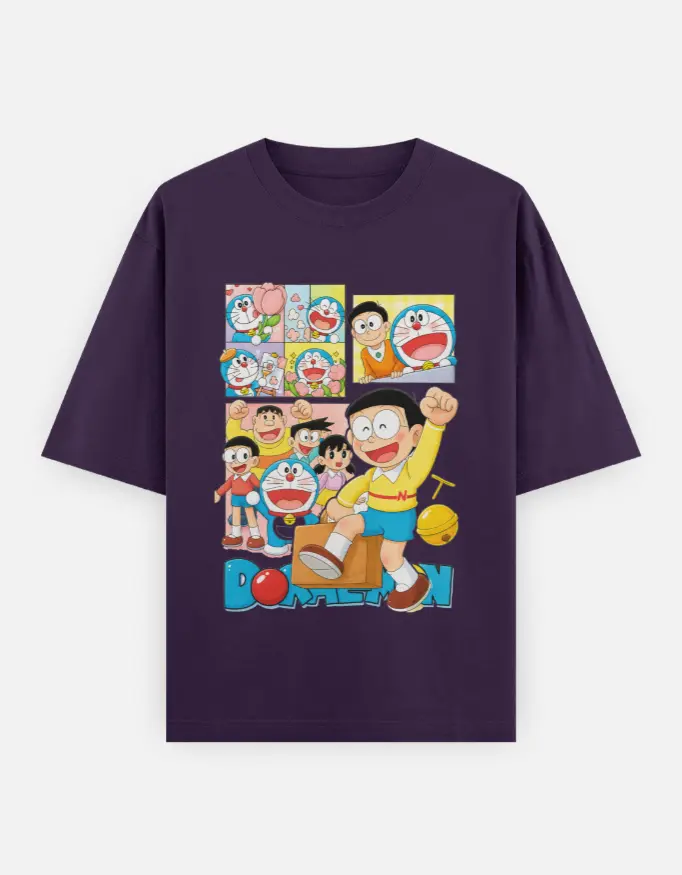 Doraemon And Nobita Graphic Unisex Oversized T-shirt (Purple, XS)