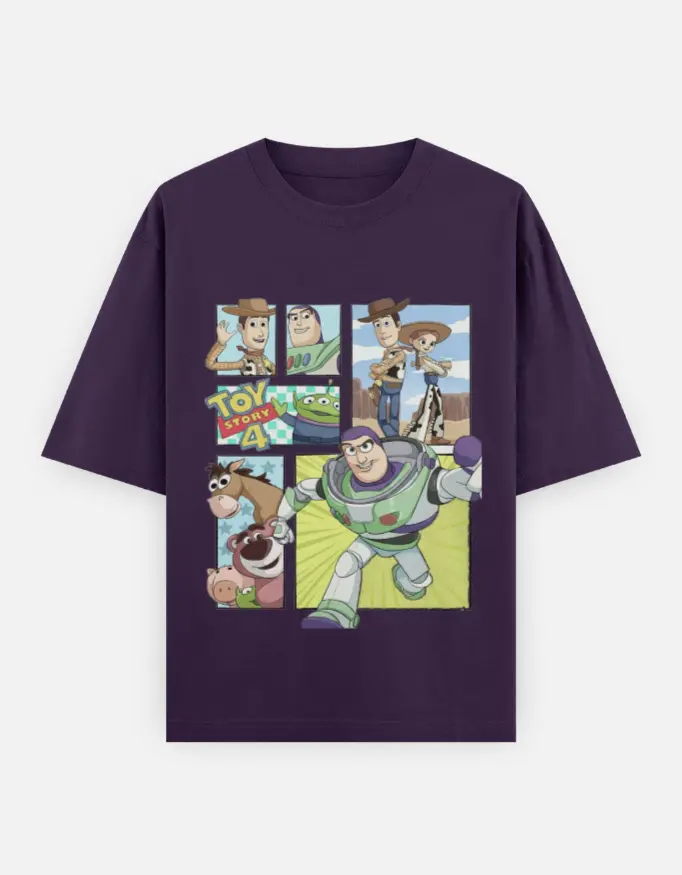 Toy Story Character Panel Graphic Unisex Oversized T-shirt (Purple, XS)