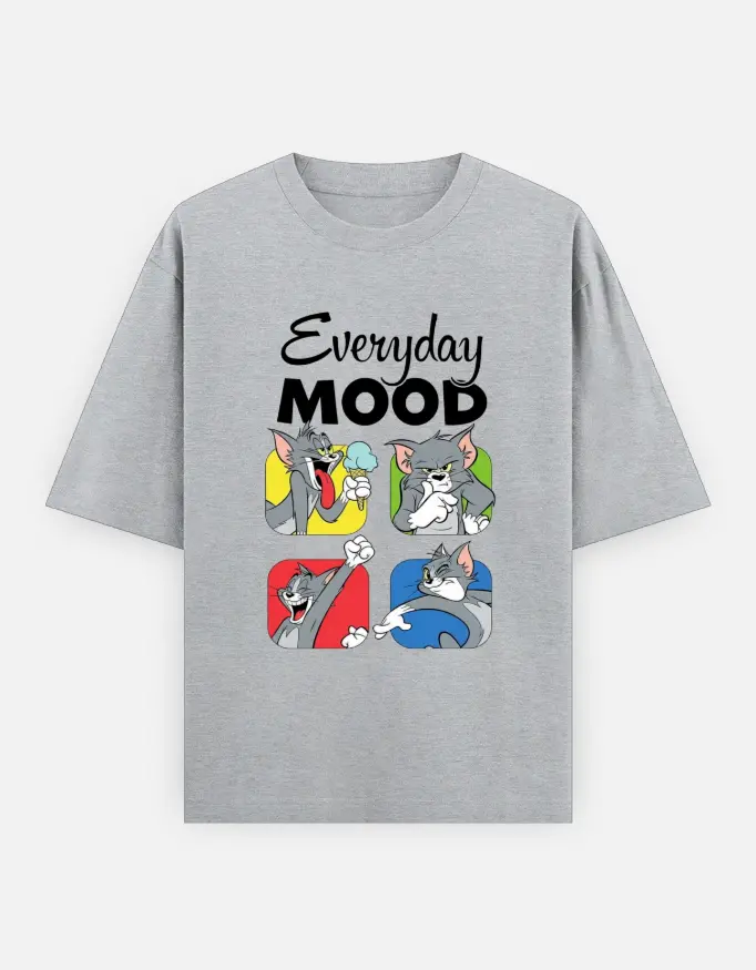 Tom And Jerry "Everyday Mood" Unisex Oversized T-shirt (Grey, XS)