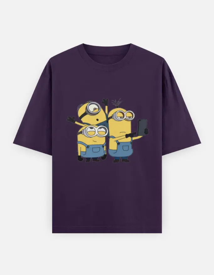 Minions Selfie Graphic Unisex Oversized T-shirt (Purple, XS)
