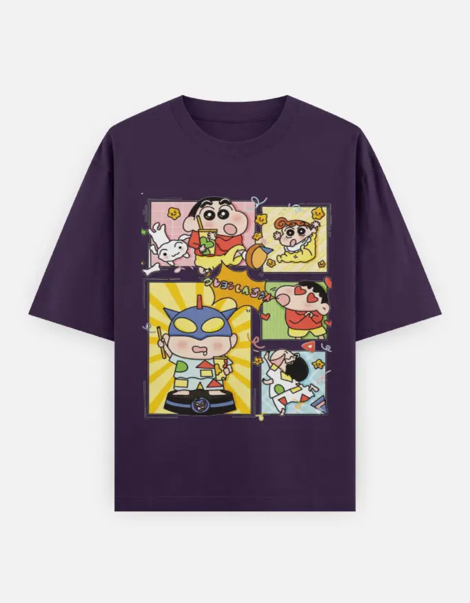 Shin-Chan Panel Graphic Unisex Oversized T-shirt (Purple, XS)