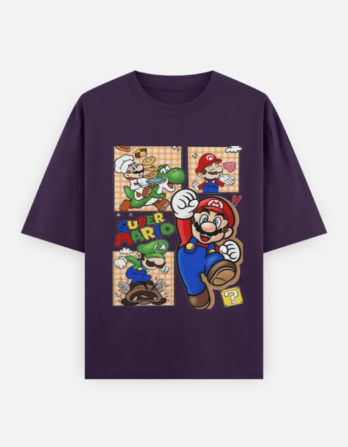 Super Mario Graphic Unisex Oversized T-shirt (Purple, XS)