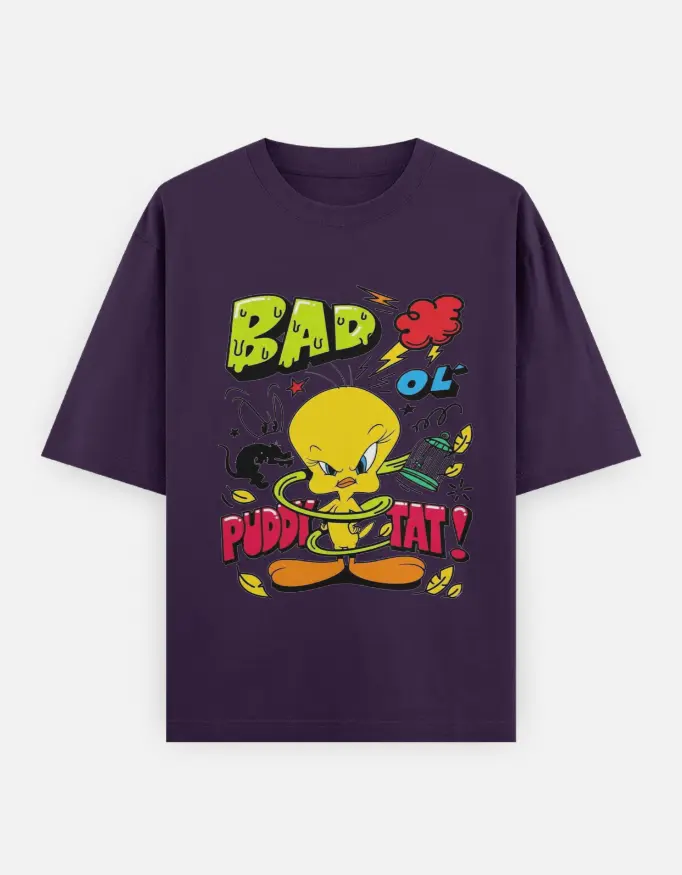 Tweety Bird Graphic Unisex Oversized T-shirt (Purple, XS)