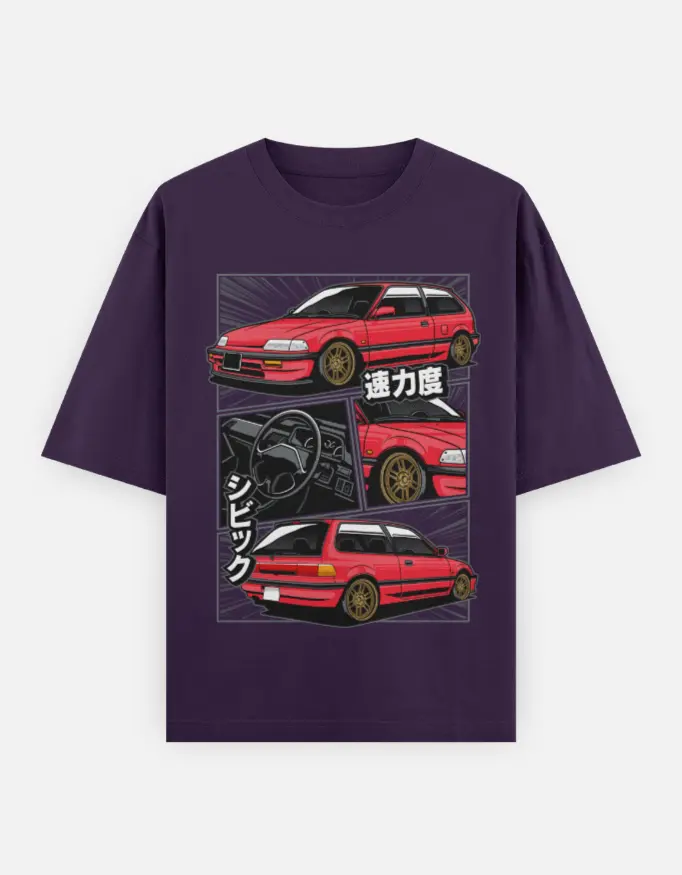 JDM Tuner Stance Graphic Unisex Oversized T-shirt (Purple, XS)