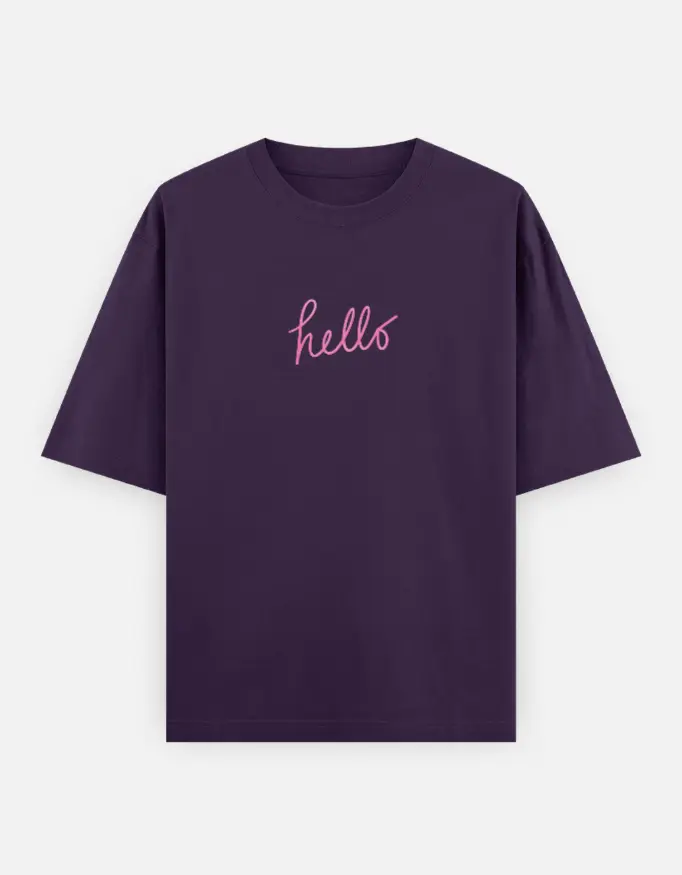 "Hello" Graphic Unisex Oversized T-shirt (Purple, XS)